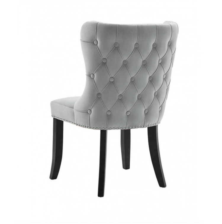 Margonia Plush Dining/Occasional Chair Dove Grey Velvet Chrome Details Tufted Back