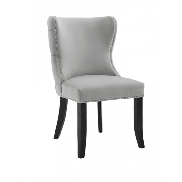 Margonia Plush Dining/Occasional Chair Dove Grey Velvet Chrome Details Tufted Back