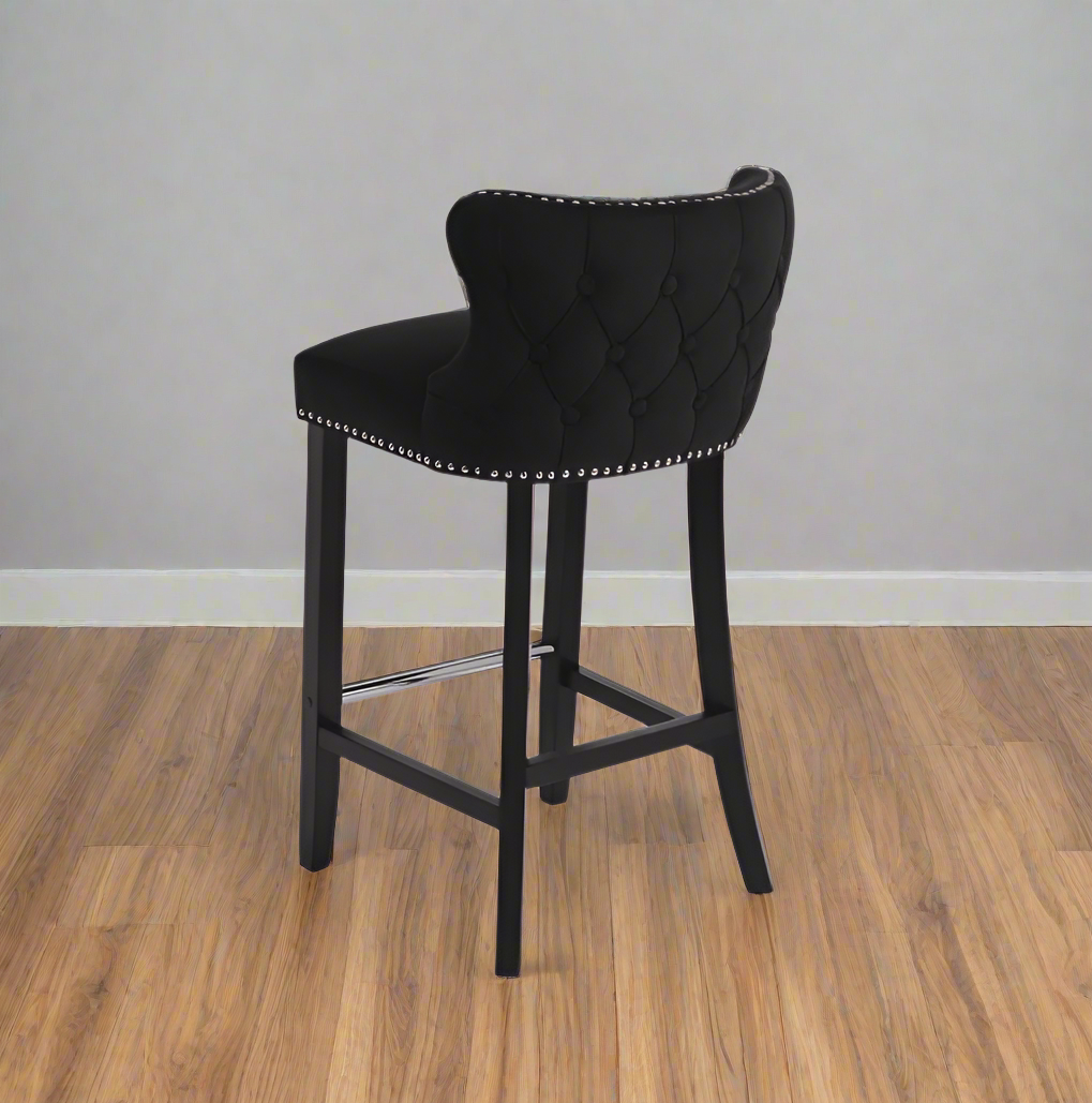 Margonia Bar Stool Black Velvet Chrome Details Tufted Back Chrome Footrest