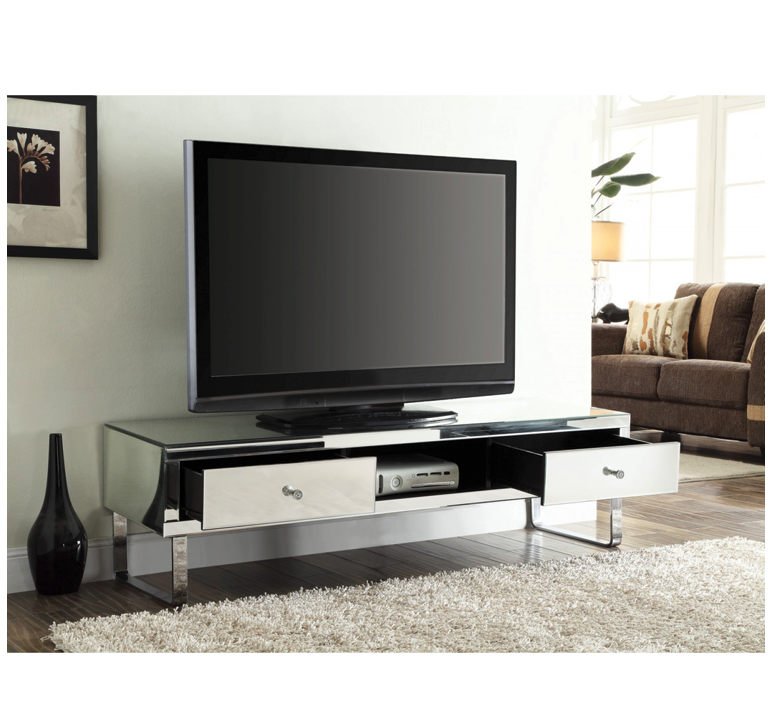 Mirrored Media TV Stand Cabinet 2 Drawers Chrome Plated Legs