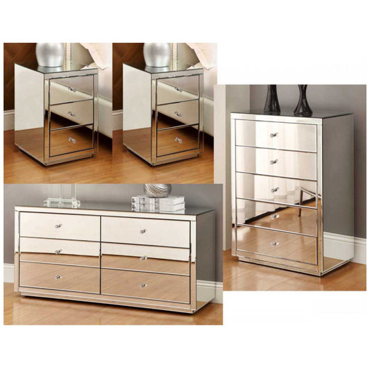 NEVADA Mirrored Bedside Tables Tallboy Dressing Table 4 Piece Package