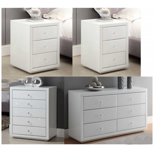 NEVADA White Glass Bedside Tables Tallboy Dressing Table 4 Piece Package
