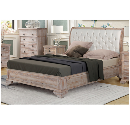 CAPRI Queen Bed Low Foot end with Tufted Upholstered Headboard Acacia Wood