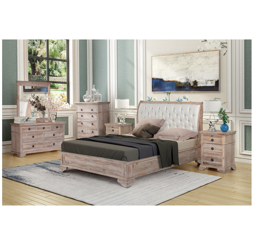 CAPRI Queen Bed Low Foot end with Tufted Upholstered Headboard Acacia Wood