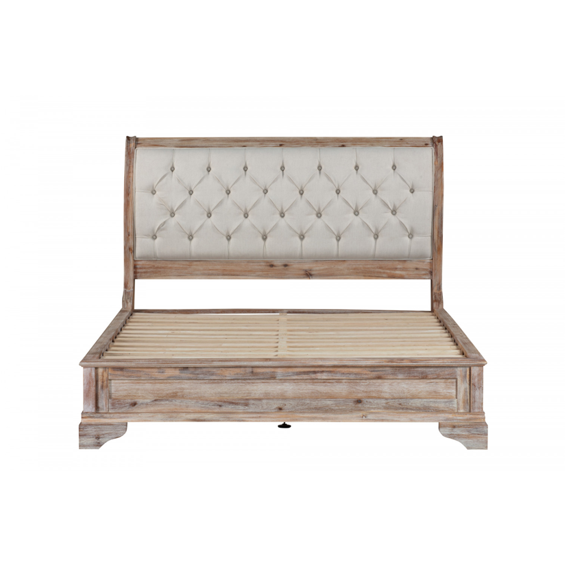 CAPRI Queen Bed Low Foot end with Tufted Upholstered Headboard Acacia Wood