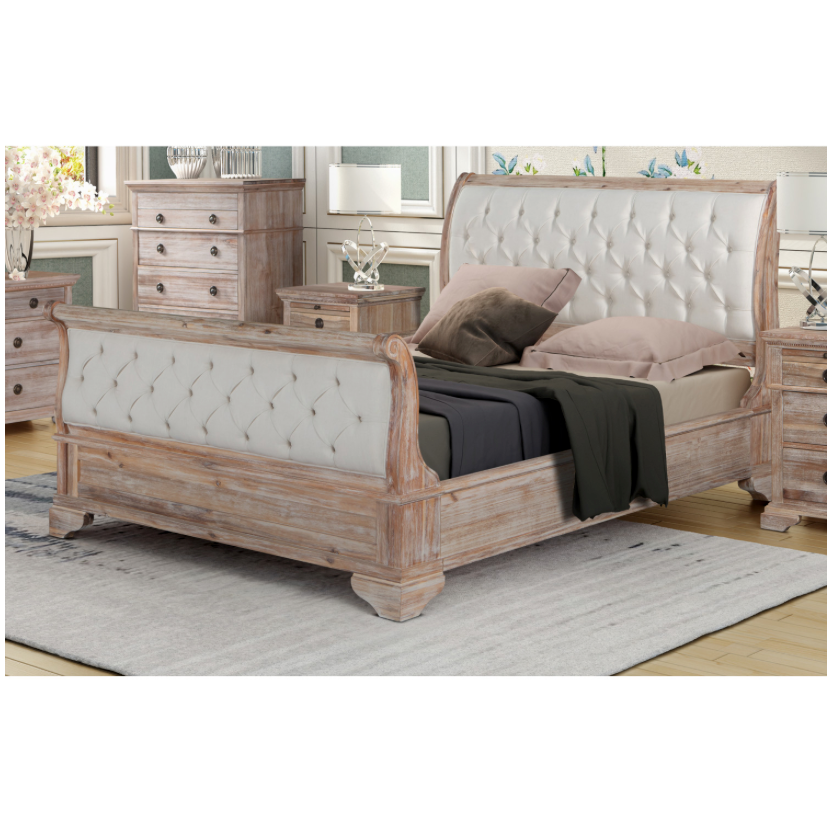 CAPRI Queen Sleigh Bed Tufted Upholstered Headboard Footboard Acacia Wood