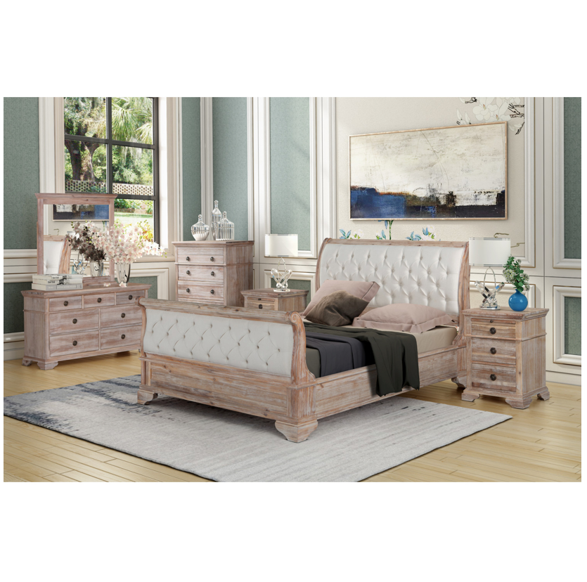 CAPRI Queen Sleigh Bed Tufted Upholstered Headboard Footboard Acacia Wood