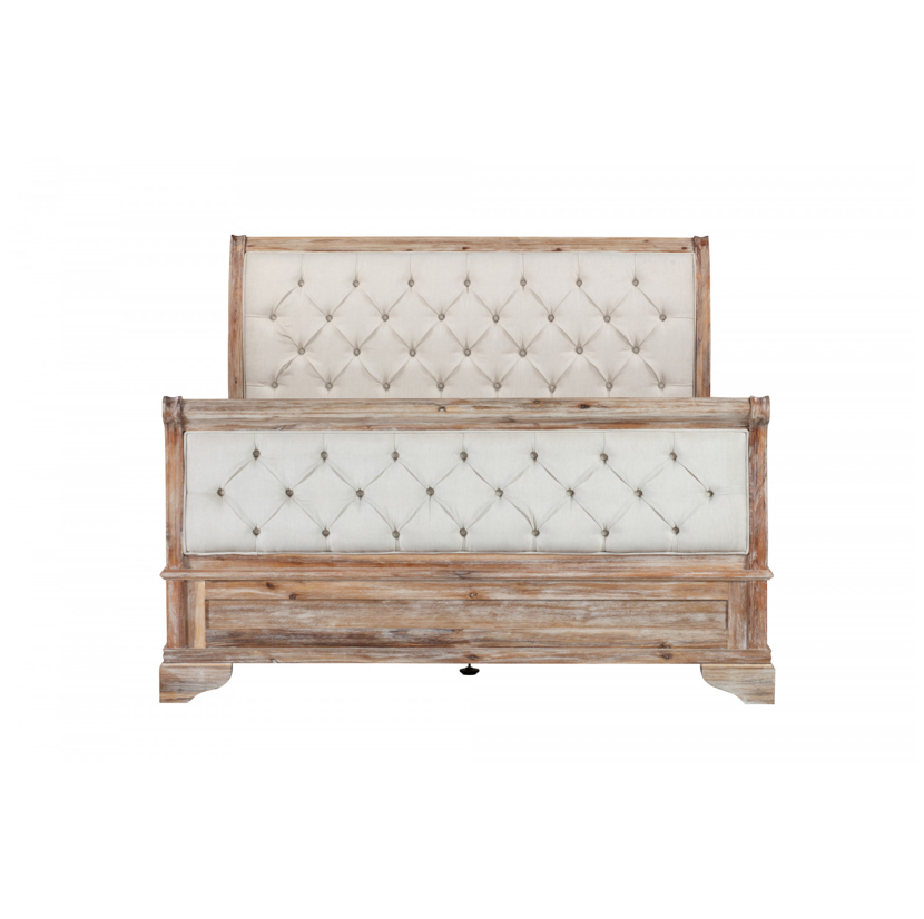 CAPRI Queen Sleigh Bed Tufted Upholstered Headboard Footboard Acacia Wood